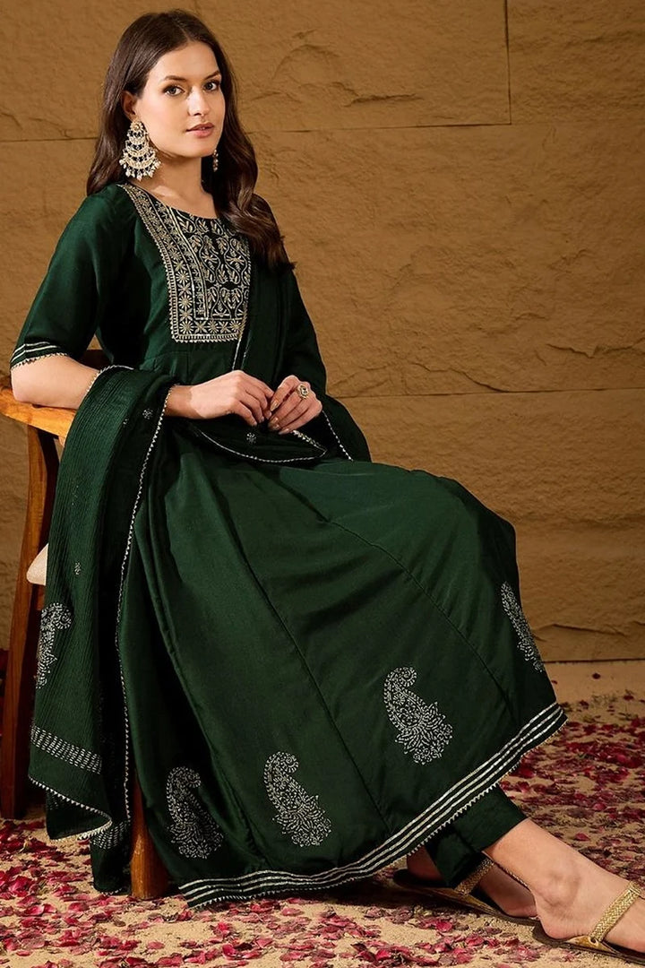 Green Silk Blend Embroidered Anarkali Suit Set