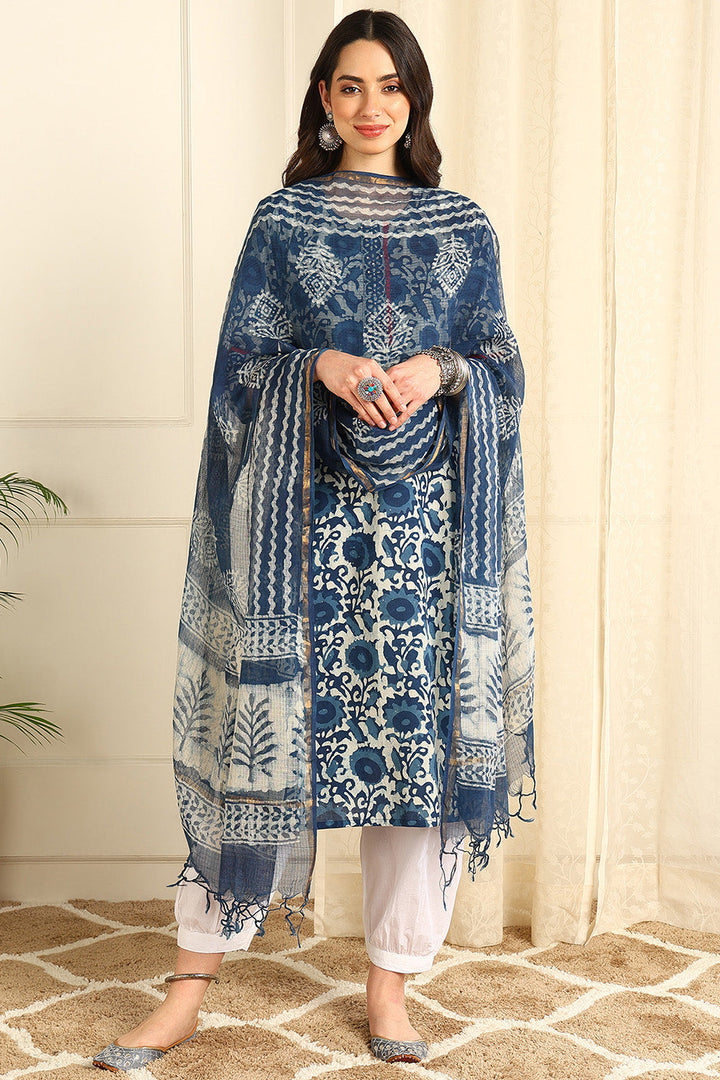 Indigo-Blue-Kota-Doria-Printed-Dupatta