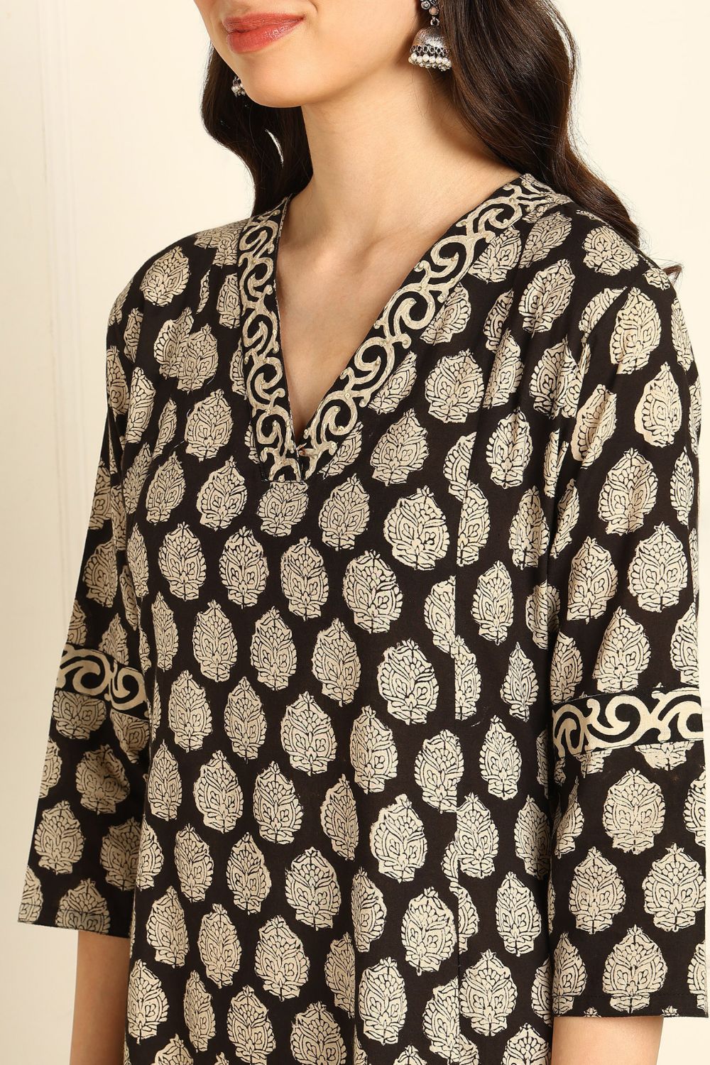 Black-Cotton-Bagru-Hand-Block-Printed-A-Line-Kurta