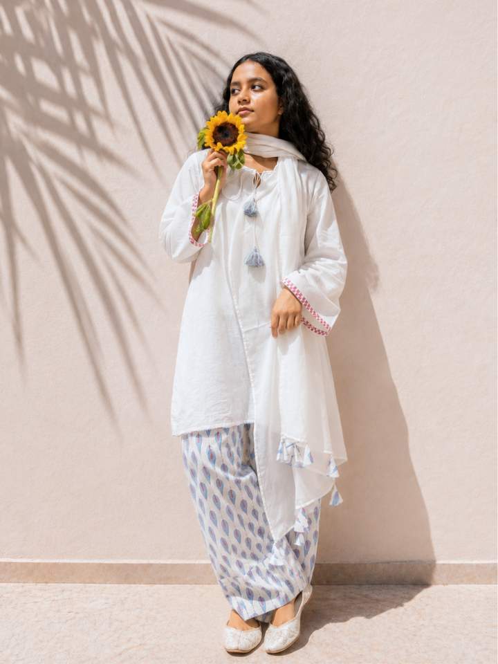 White Short Kurta &amp; Farshi Shalwar Set