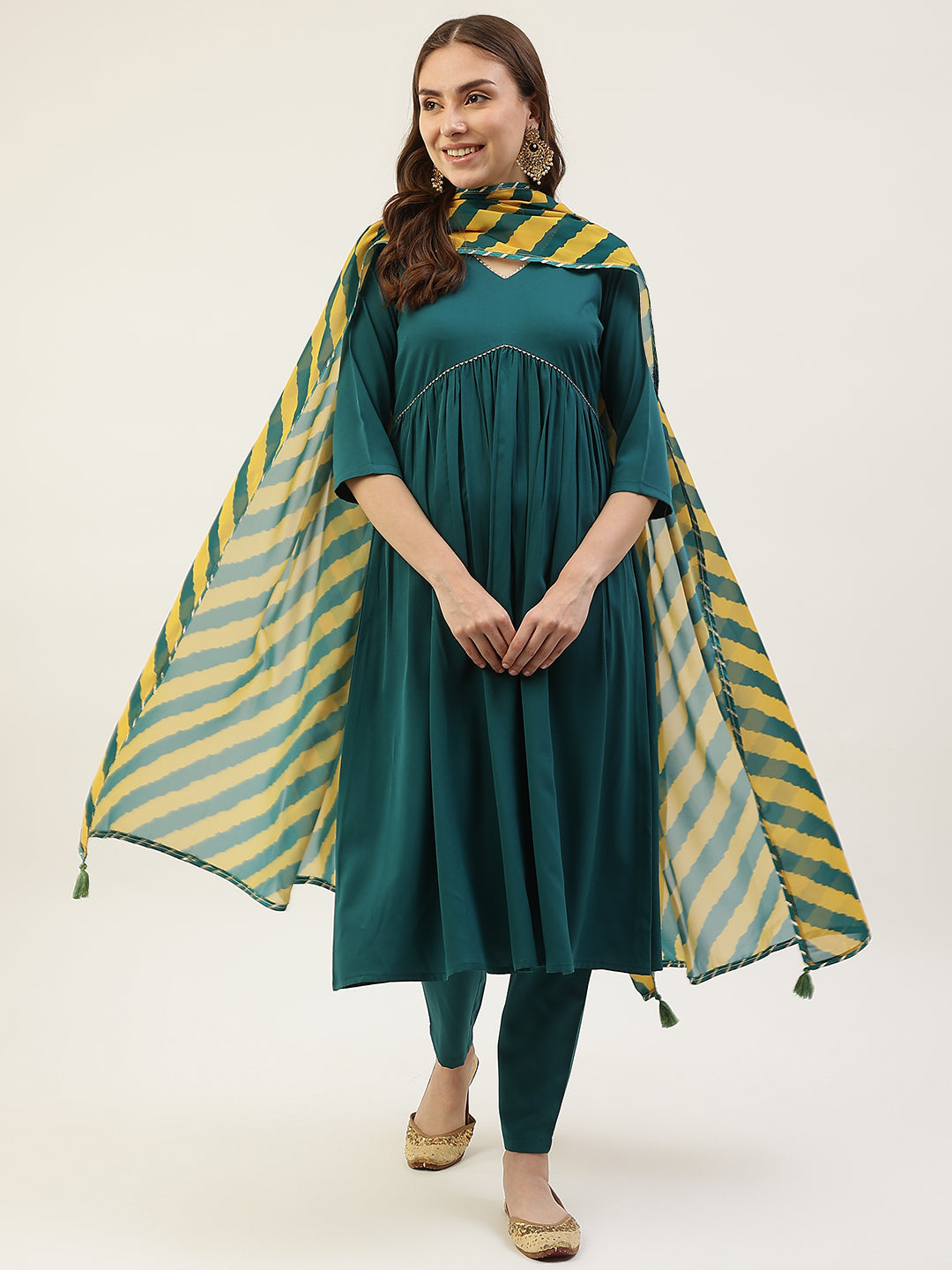 Teal-Green-Crepe-Gathered-Flared-3-Piece-Kurta-Set