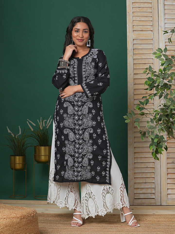 Hand Embroidered Lucknowi Chikankari Black & White Cotton Kurta