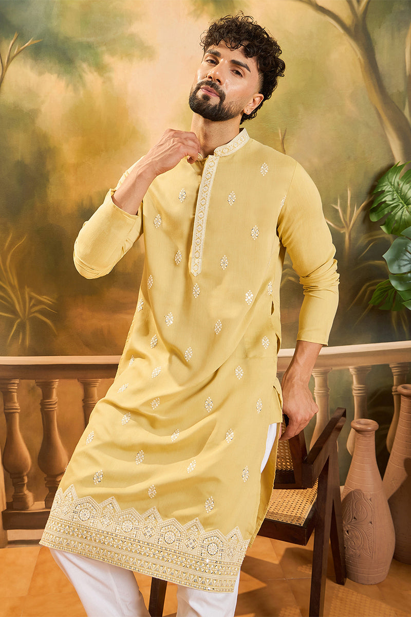 Mens Yellow Silk Solid Embroidered Straight Kurta