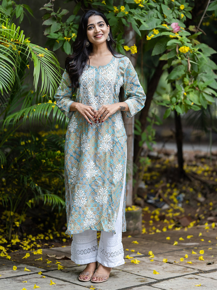 Sea Green & White Mulmul Cotton Embroidery Chikankari Kurta