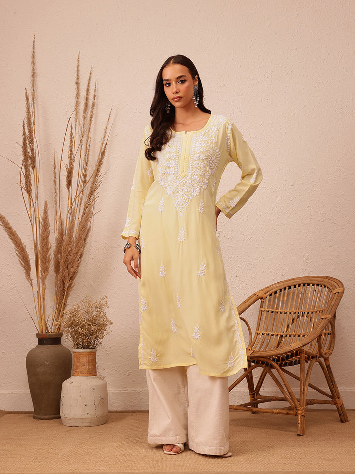 Yellow & White Rayon Embroidered Chikankari Kurta