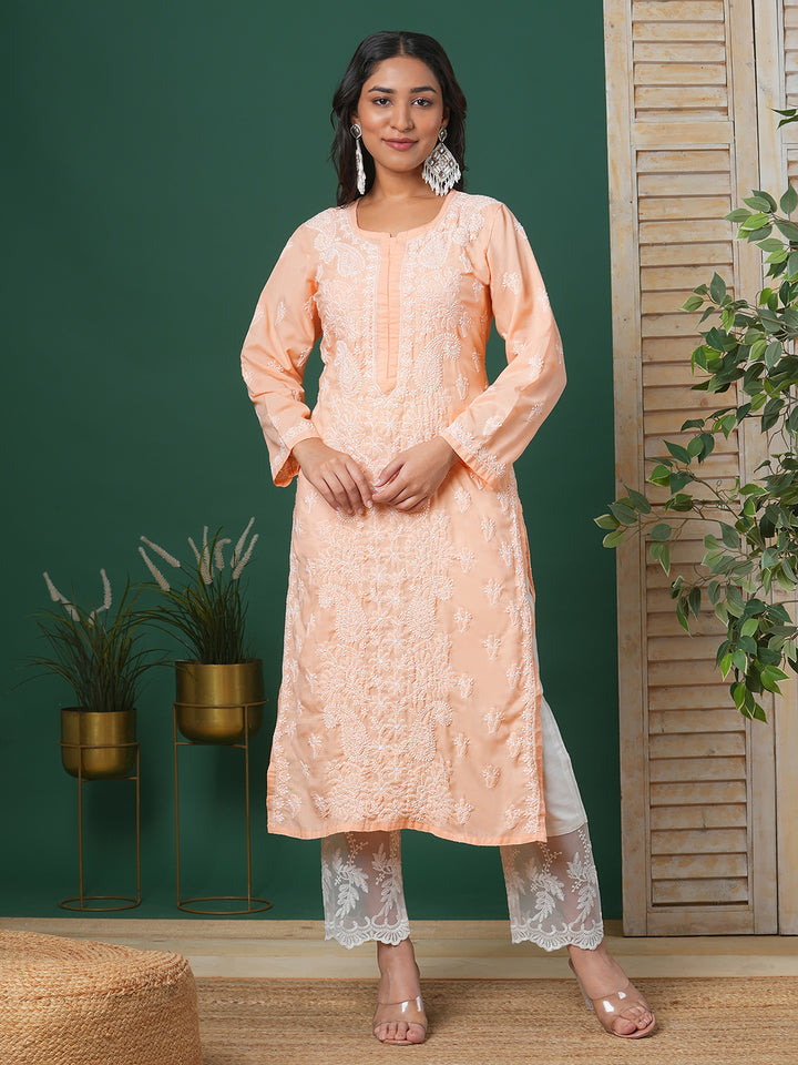 Hand Embroidered Lucknowi Chikankari Peach & White Cotton Kurta