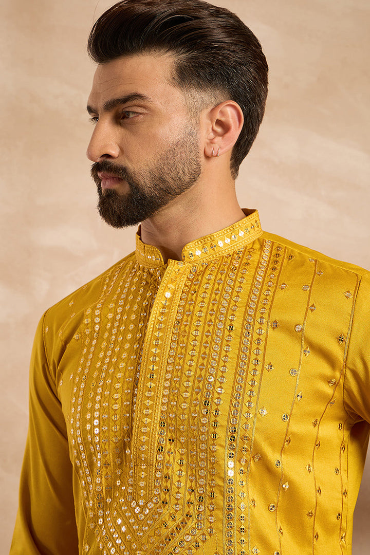 Mens Yellow Silk Blend Geometric Embroidered Straight Kurta