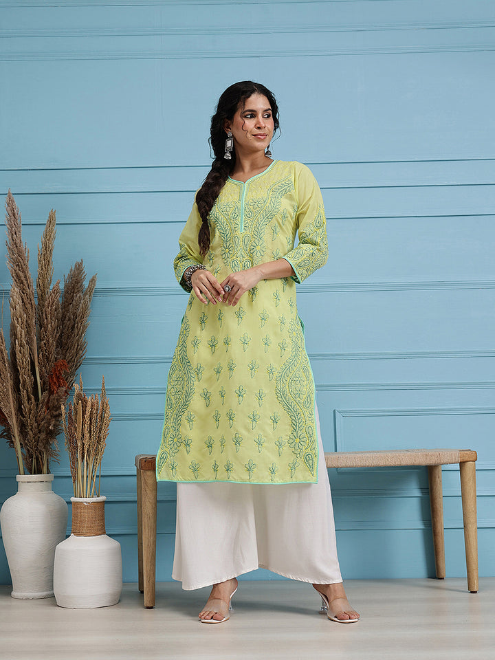 Lemon Yellow & Green Embroidered Chikankari Cotton Kurta