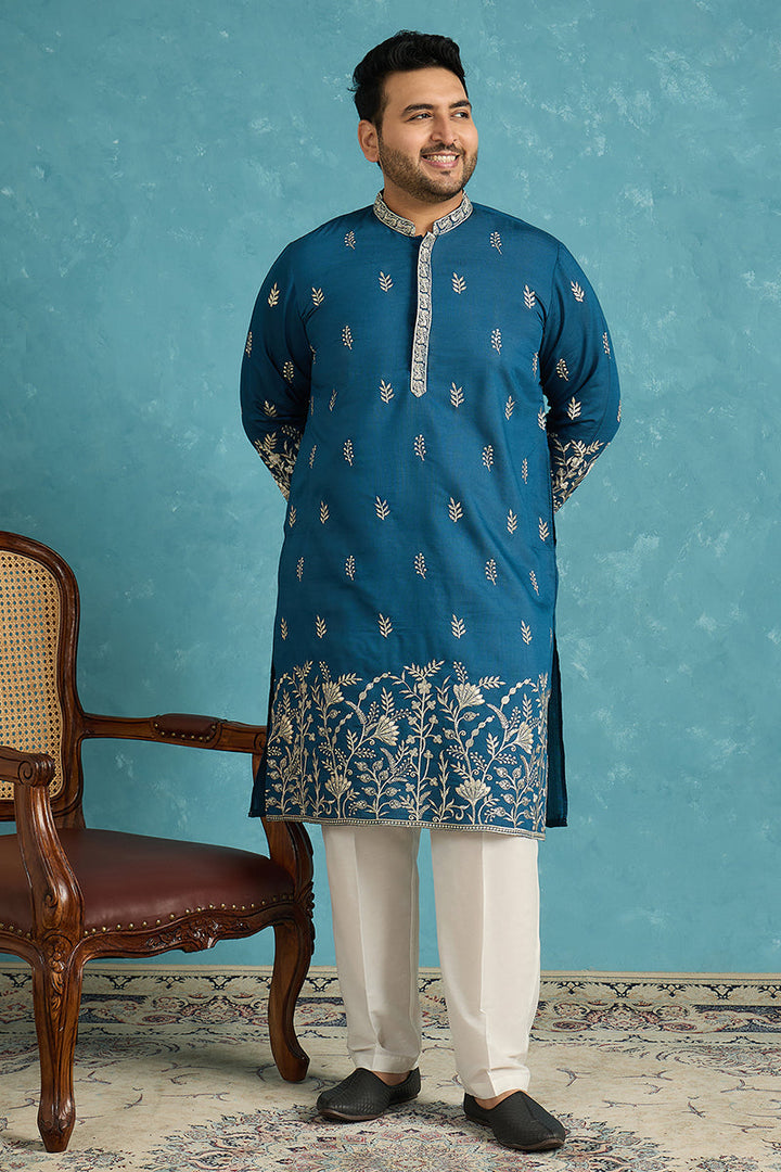 Mens Blue Silk Blend Solid Thread Work Embroidered Kurta