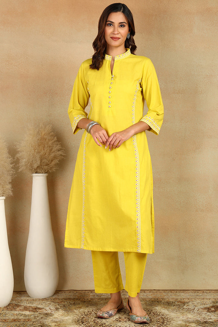 Yellow-Cotton-Embroidered-Short-Kurta