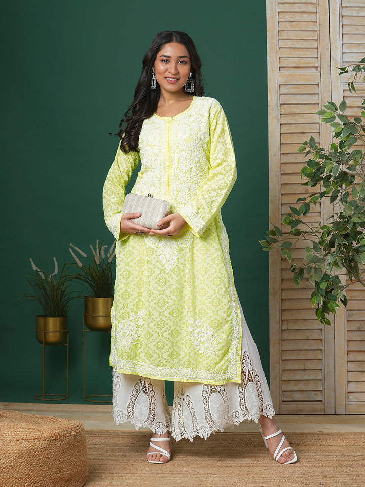 Lemon Yellow & White Embroidered Chikankari Cotton Kurta