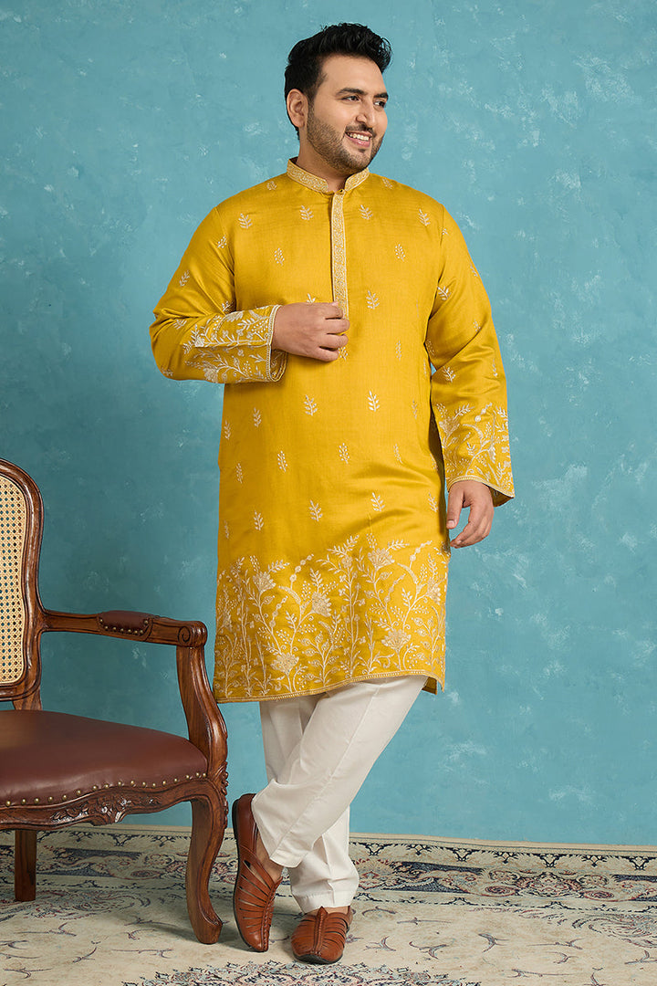 Mens Yellow Silk Blend Solid Thread Work Embroidered Kurta