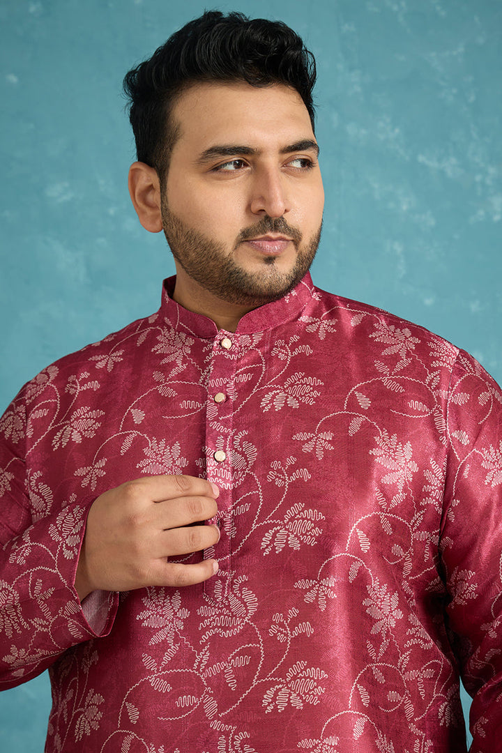 Mens Maroon Silk Blend Floral Printed Kurta