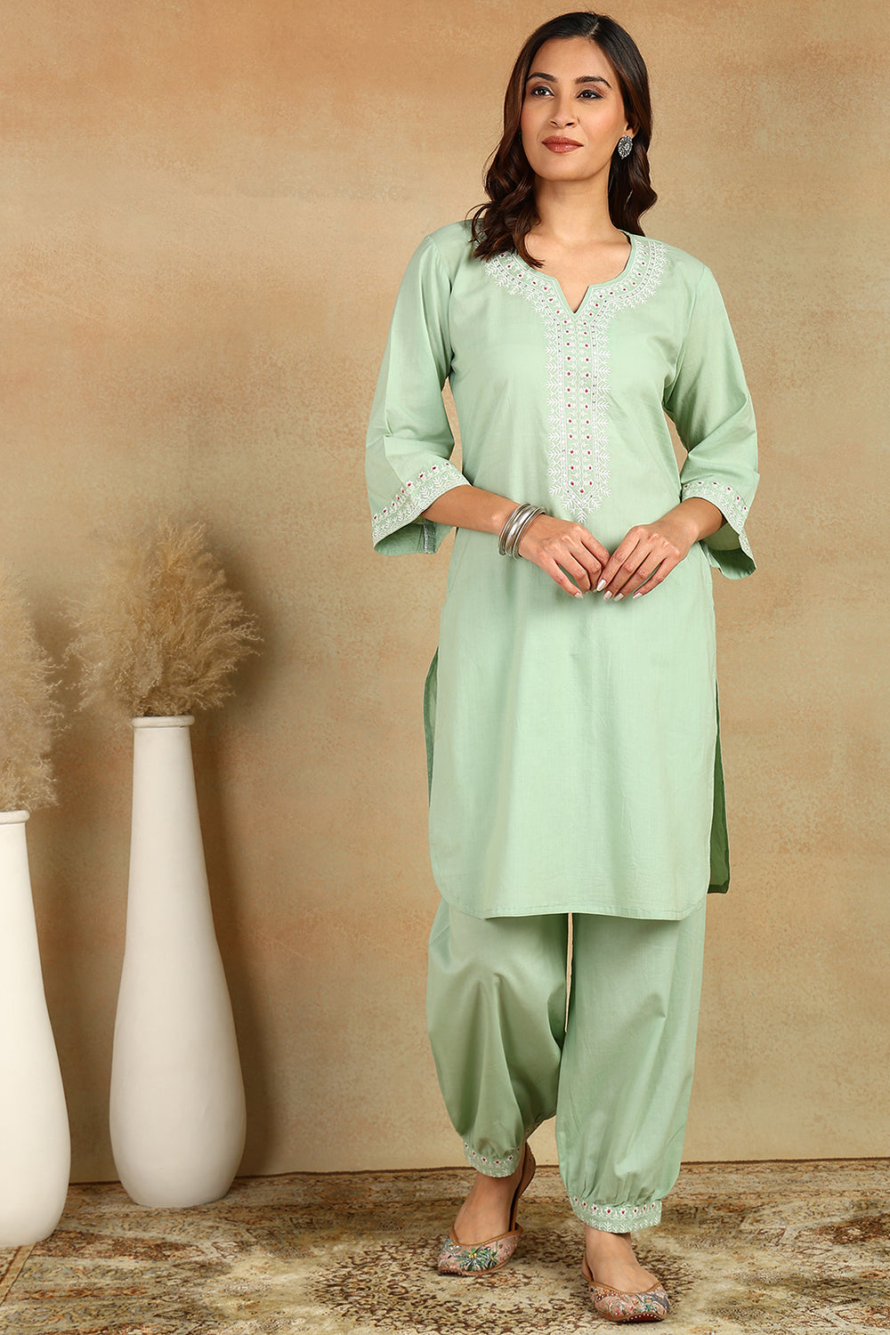 Green-Cotton-Embroidered-Short-Kurta