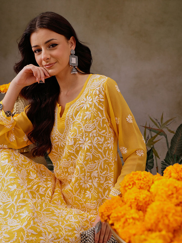 Amber Georgette Chikan Straight Long Kurta