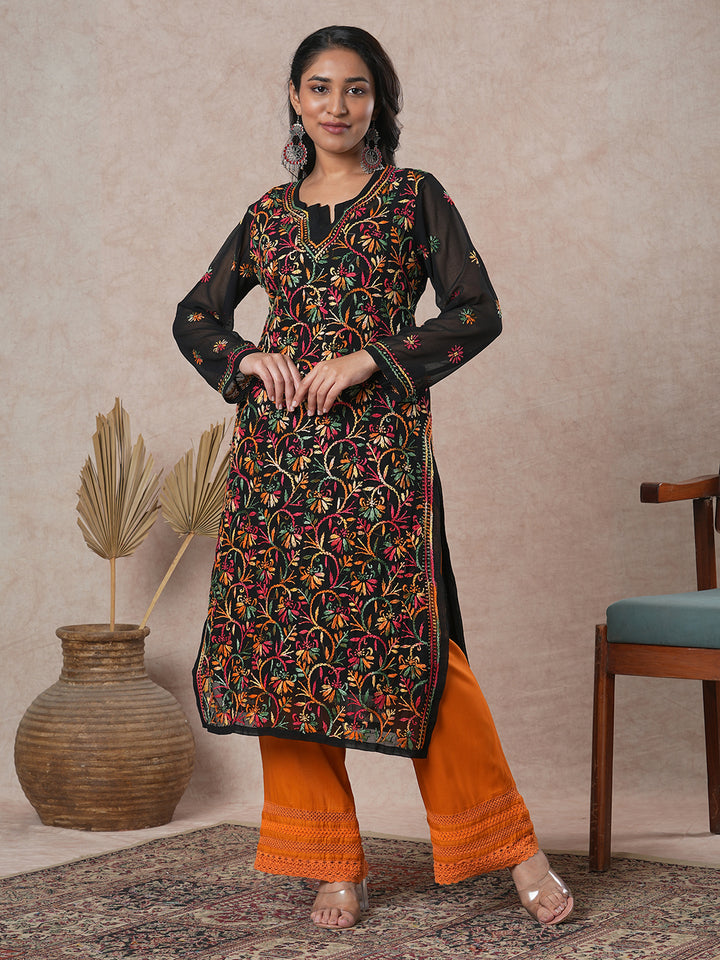 Black Embroidered Chikankari Kurta With Slip