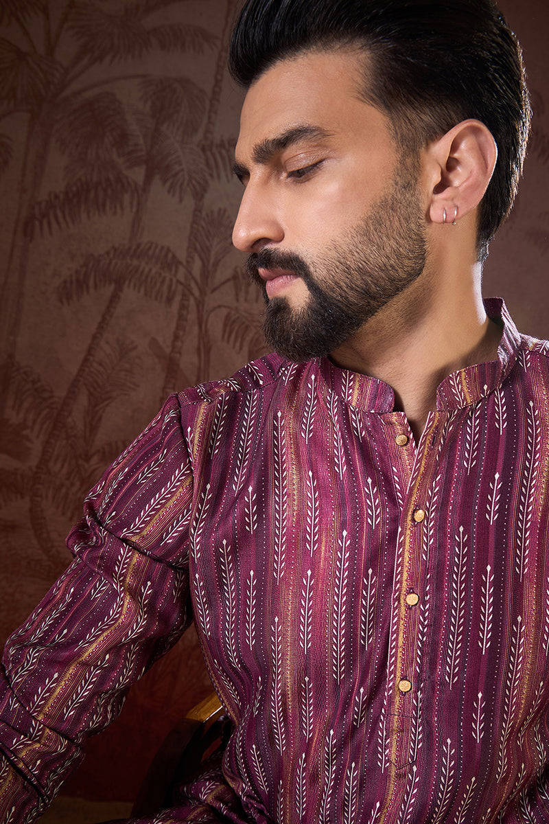 Mens Purple Silk Blend Striped Printed Straight Kurta