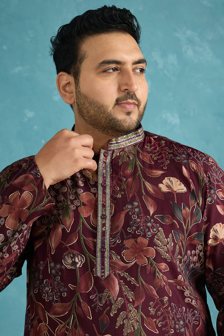 Mens Purple Silk Blend Floral Printed Kurta
