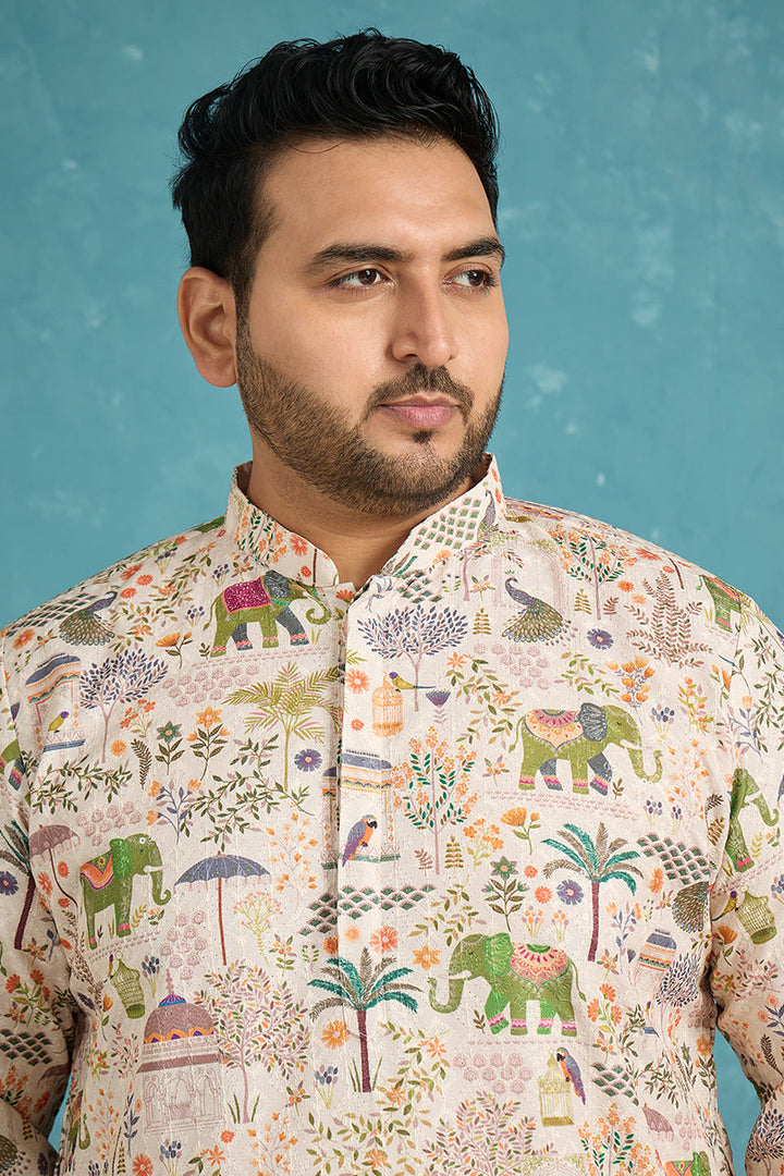Mens Cream Viscose Rayon Ethnic Motifs Thread Work Printed Kurta