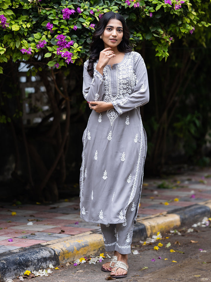 Grey Rayon Chikankari Motif 2-Piece Kurta Set