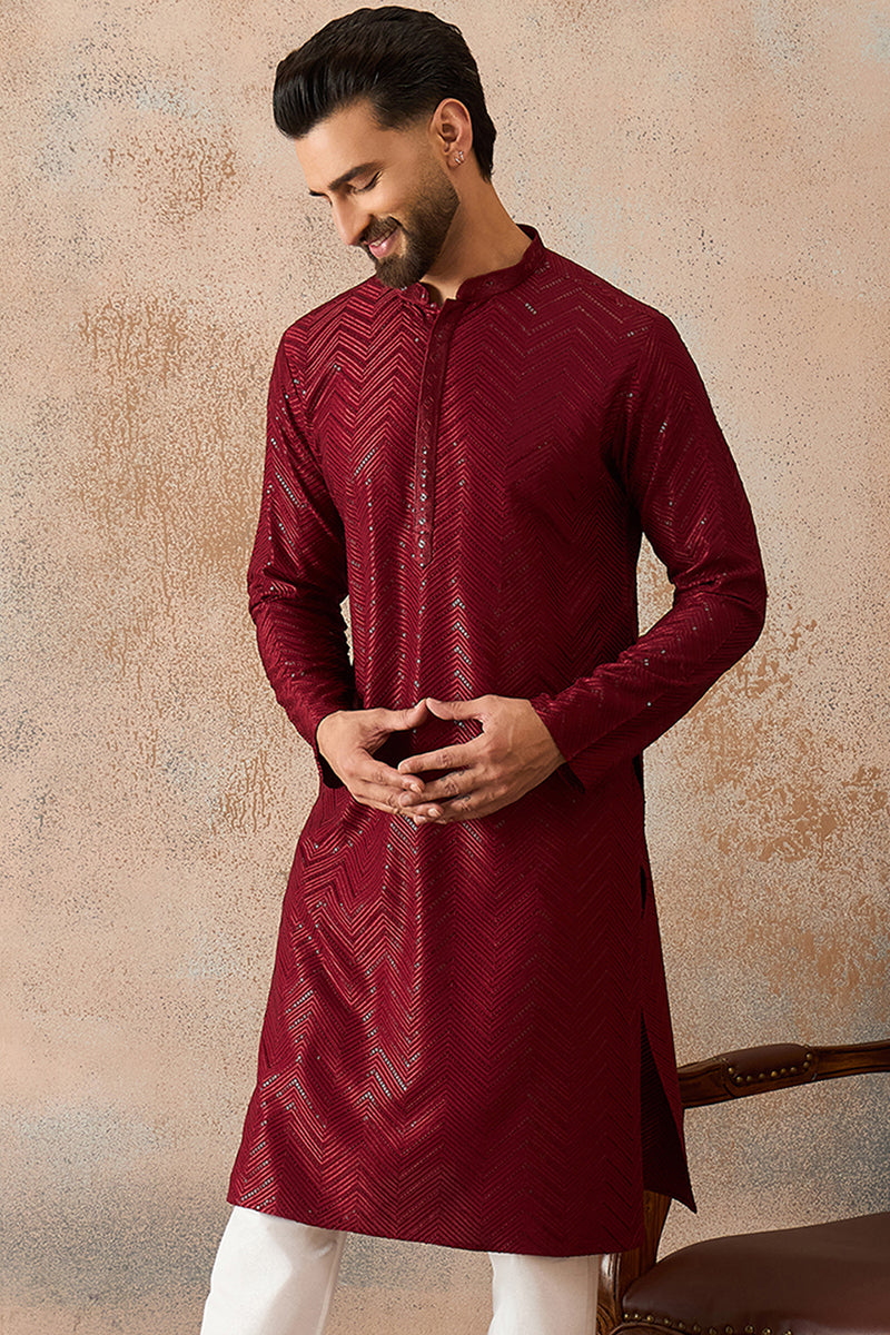 Mens Maroon Rayon Embroidered Straight Kurta