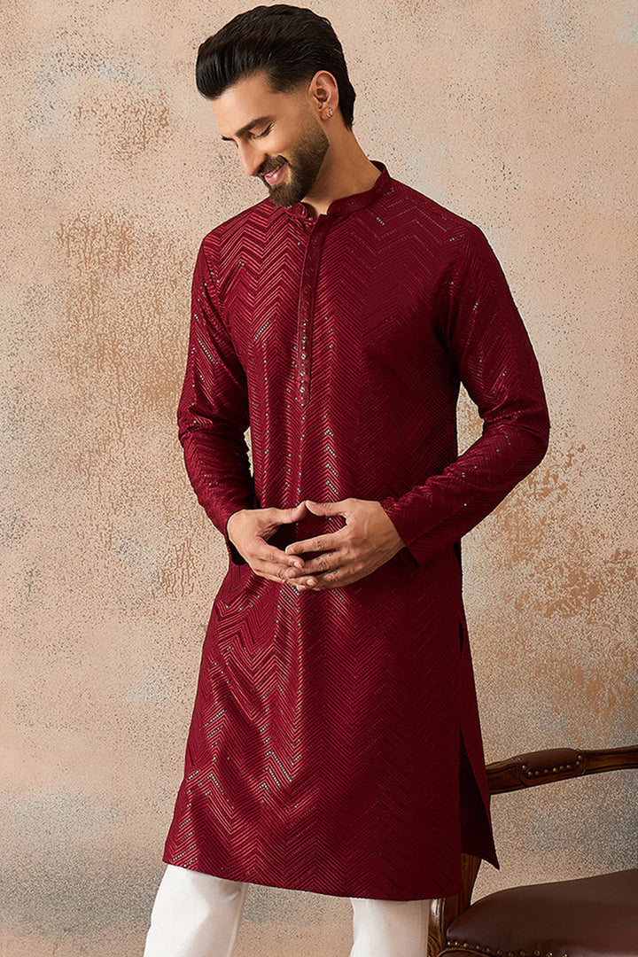 Mens Maroon Rayon Embroidered Straight Kurta