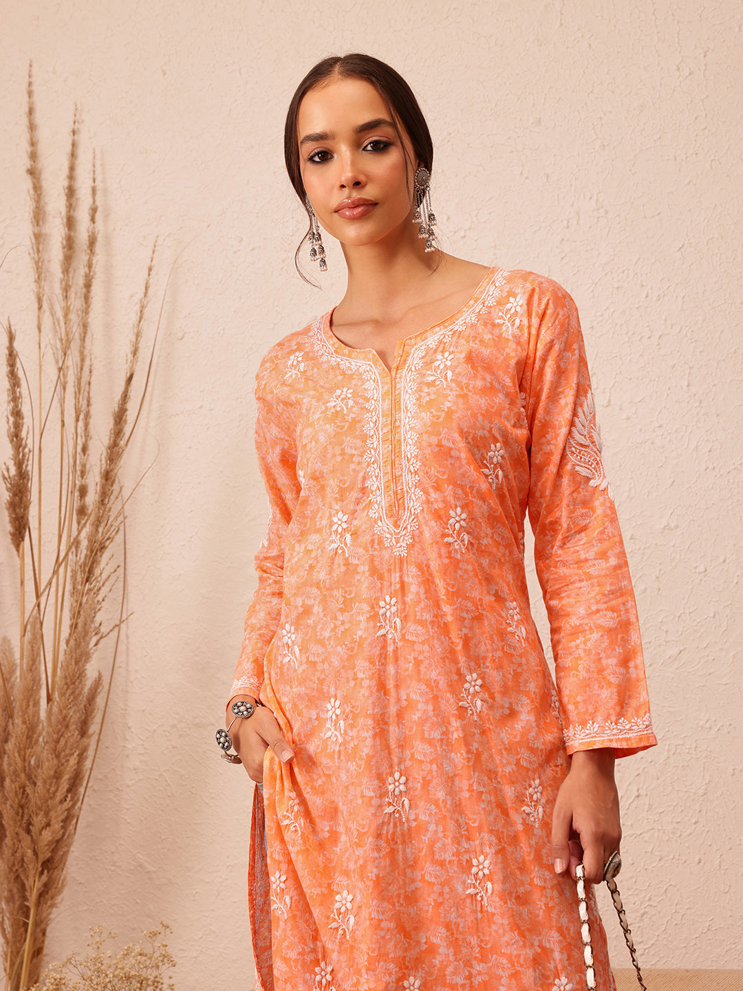 Peach Cotton Lucknow Chikankari Kurta