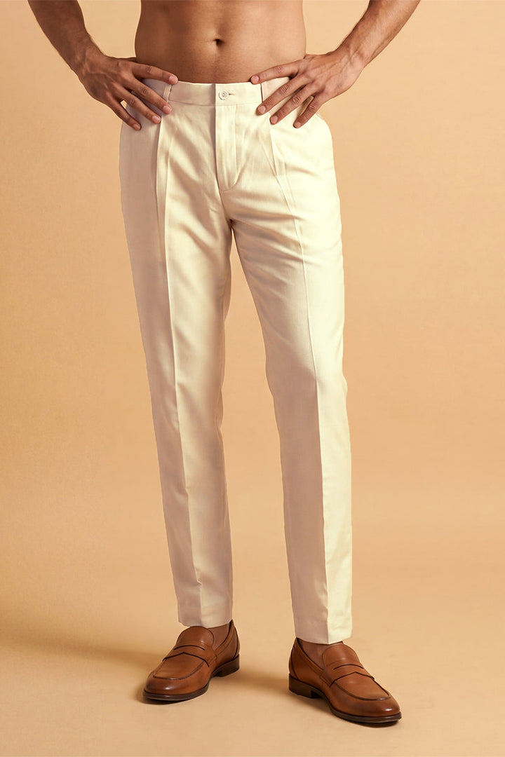 Mens Cream Modal Relaxed Straight Fit Regular Trousers
