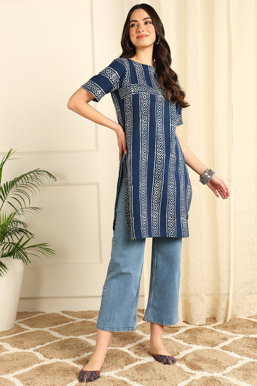 Indigo-Blue-Cotton-Straight-Short-Kurta