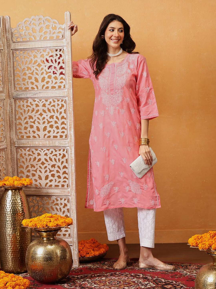 Hand Embroidered Peach Chikankari Kurta