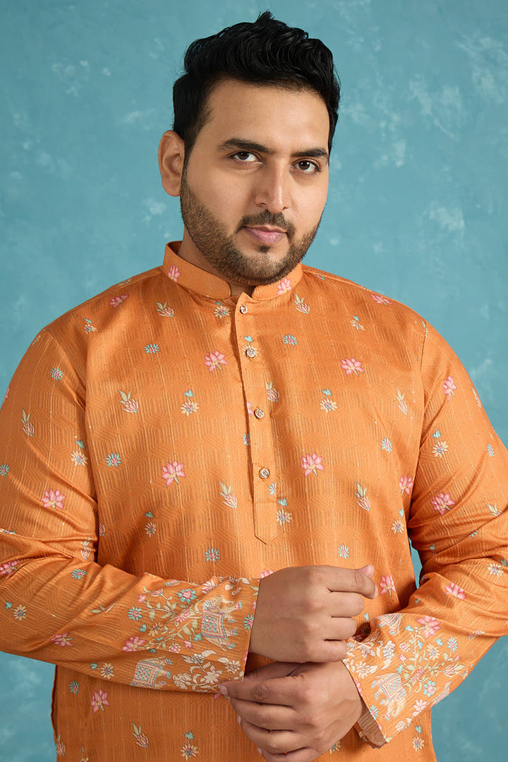 Mens Orange Silk Blend Floral Sequins Printed Kurta