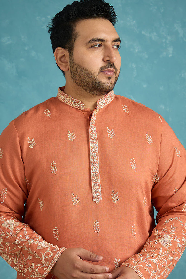 Mens Peach Silk Blend Solid Thread Work Embroidered Kurta