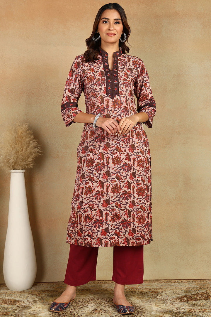 Maroon-&-Brown-Cotton-Straight-Bagru-Kurta