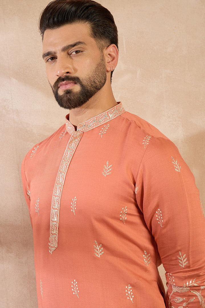Mens Peach Vartican Solid Embroidered Straight Kurta With Trouser