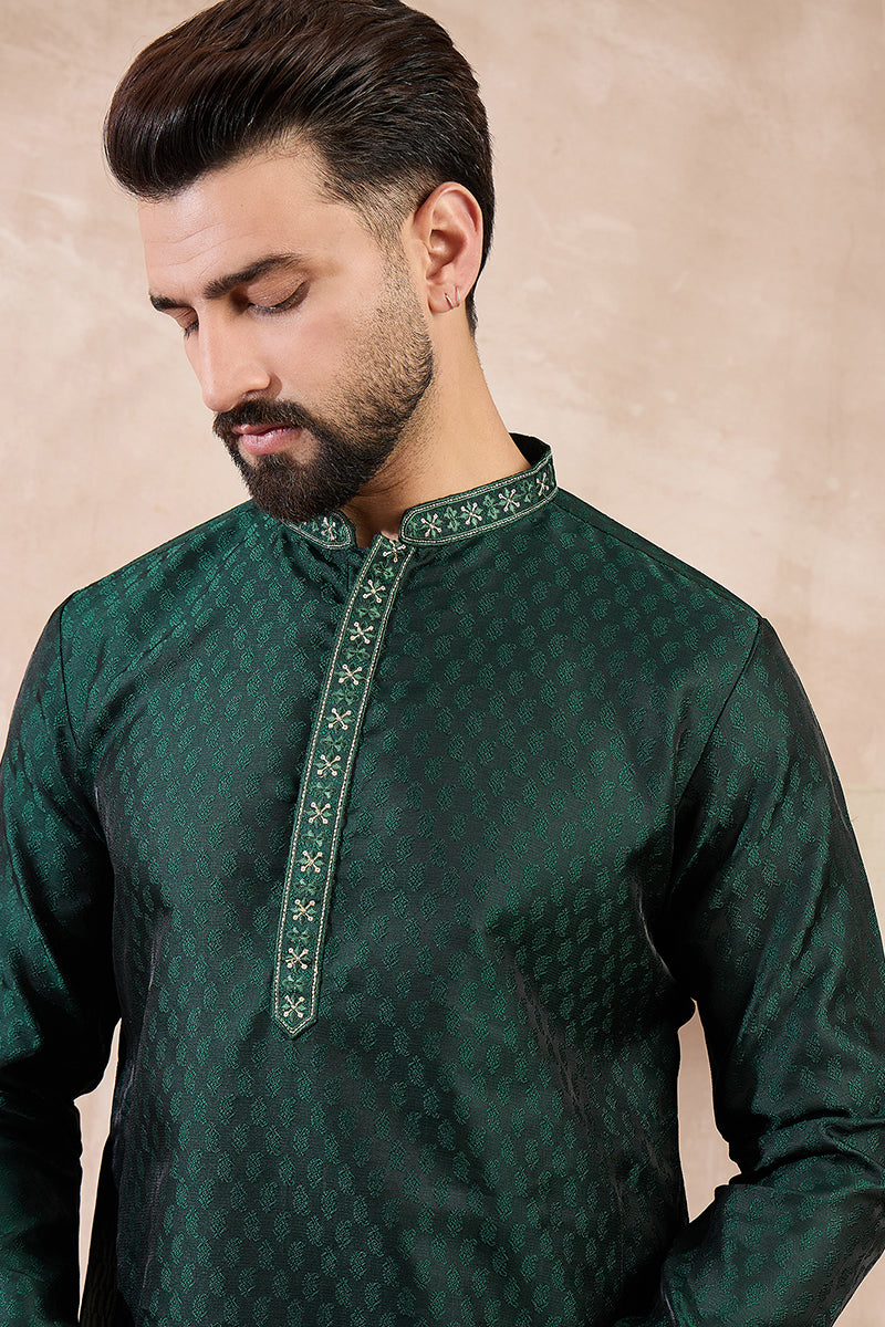 Mens Green Silk Blend Solid Woven Design Straight Kurta