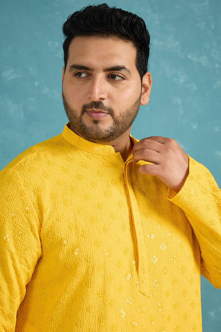 Mens Mustard Viscose Rayon Solid Chikankari Embroidered Kurta
