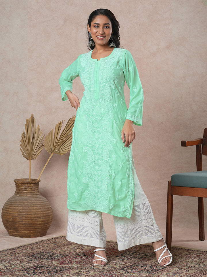 Hand Embroidered Lucknowi Chikankari Green & White Cotton Kurta