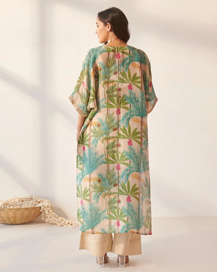 Cream-&-Multicolor-Tissue-Foliage-Print-Kaftan-Set