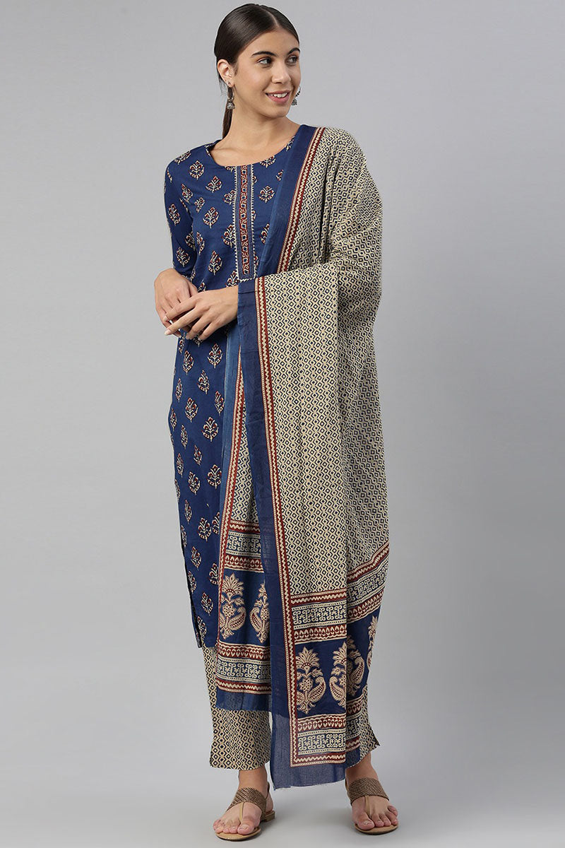 Navy-Blue-Cotton-Fabric-Printed-Fancy-Kurta-And-Palazzo