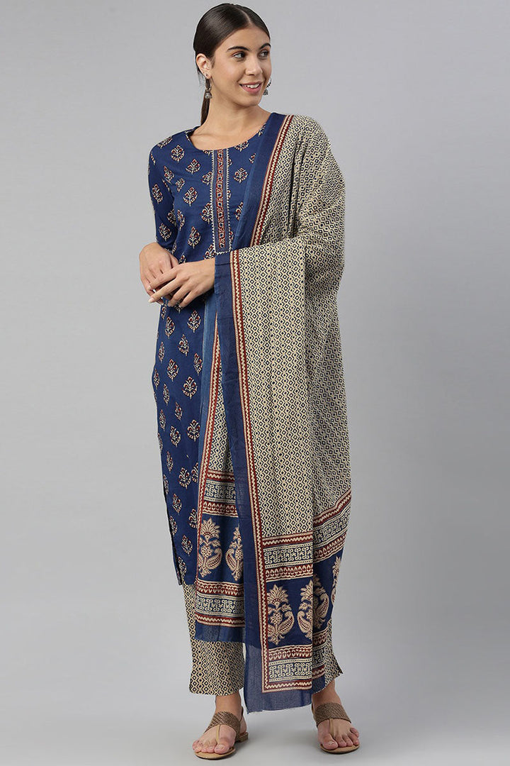 Navy-Blue-Cotton-Fabric-Printed-Fancy-Kurta-And-Palazzo