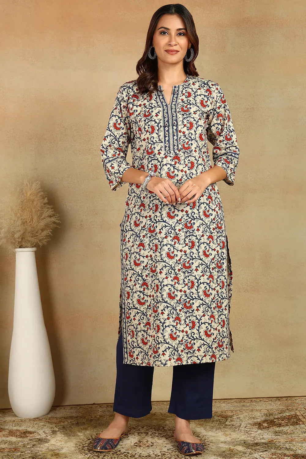 Cream-&-Maroon-Kota-Dorian-Straight-Bagru-Kurta