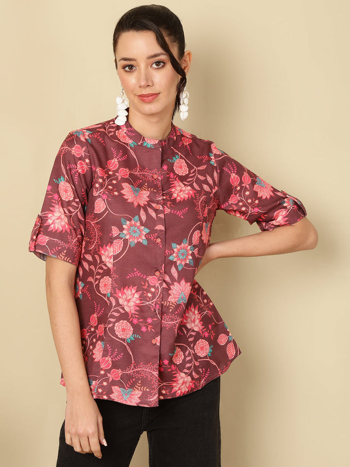 Brown-Viscose-Rayon-Blend-Slub-Ethnic-Print-Princess-Cut-Formal-Top