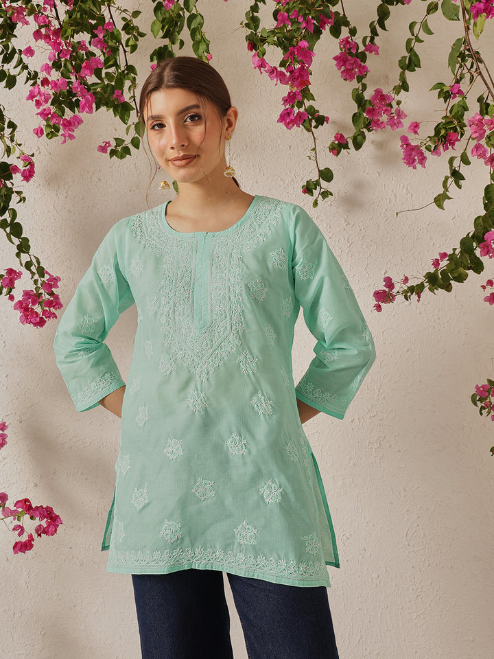 Sea Green Cotton Chikankari Tunic Kurti