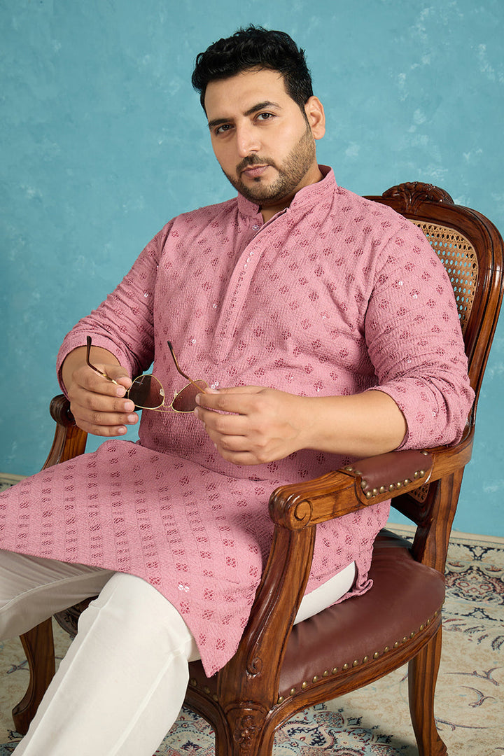 Mens Mauve Viscose Rayon Solid Chikankari Embroidered Kurta