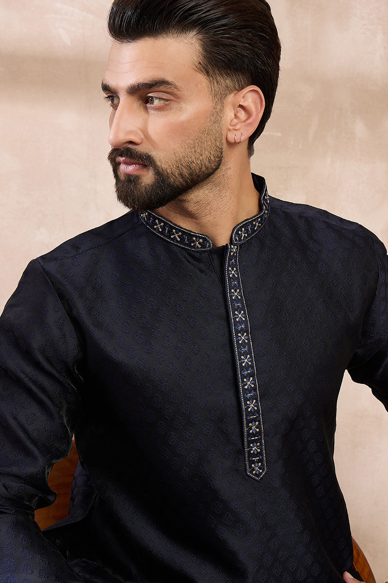 Mens Navy Blue Silk Blend Solid Woven Design Straight Kurta