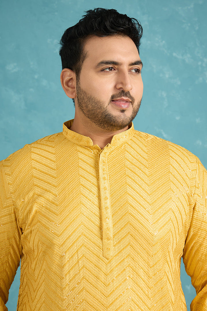 Mens Yellow Viscose Rayon Solid Thread Work Embroidered Kurta