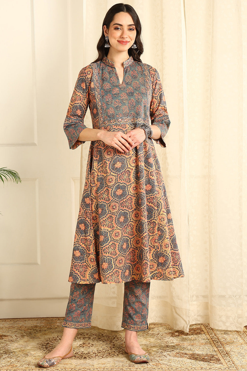 Powder-Blue-&-Beige-Cotton-A-Line-Kurta