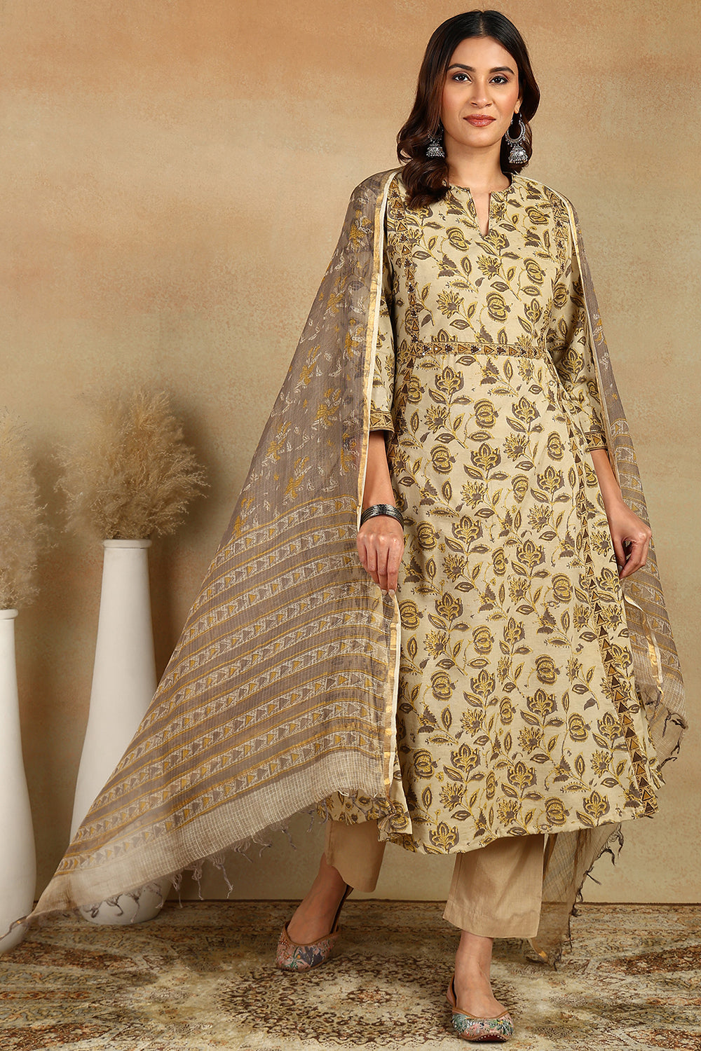 Brown-&-Beige-Kota-Doria-Printed-Dupatta