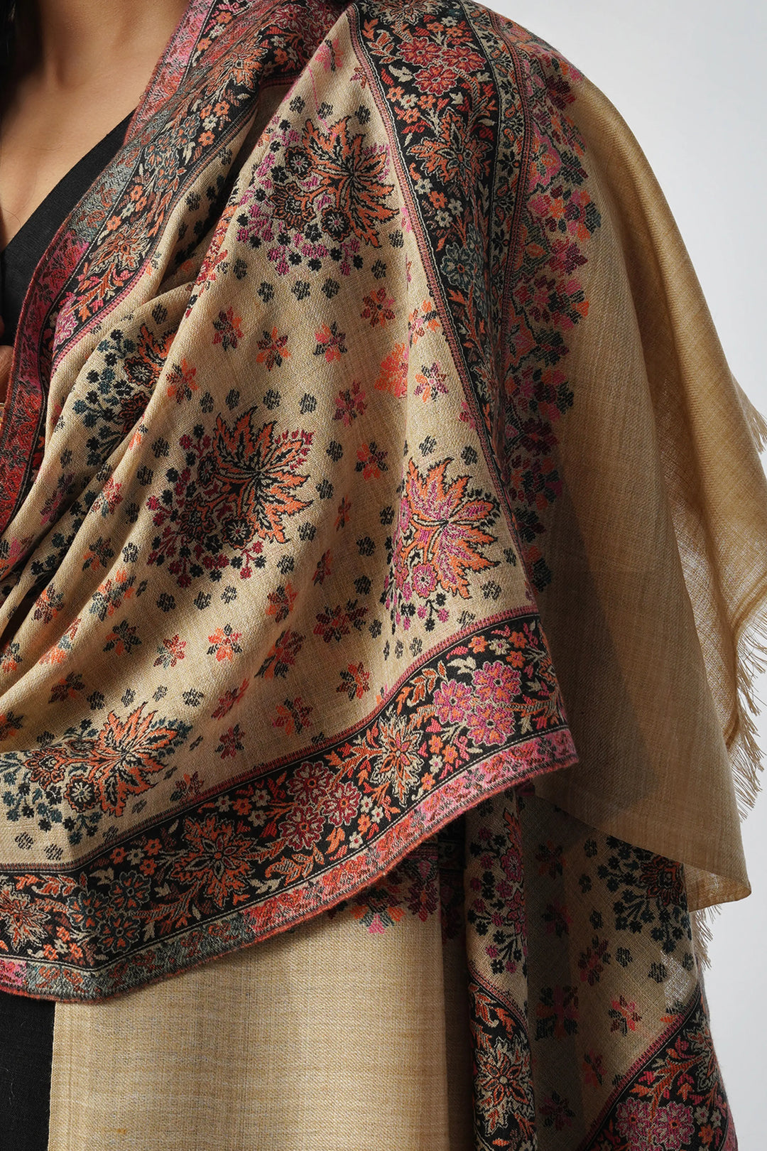 Beige & Pink Rich Wool Rajasthani Boota Kani Stole