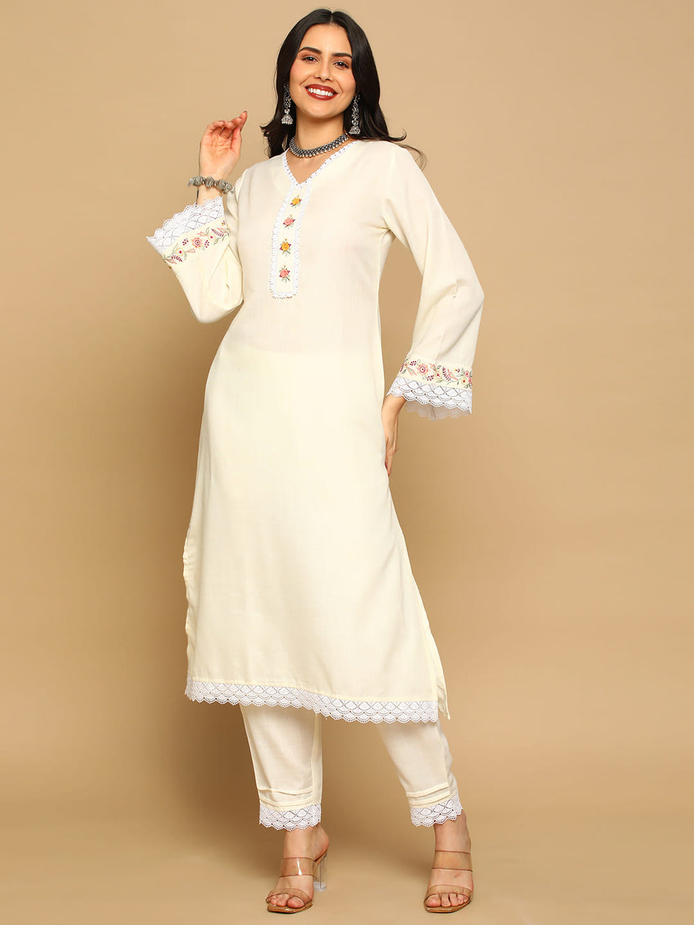 Cream-Cotton-Blend-Bell-Sleeves-Embroidered-3-Piece-Kurta-Set